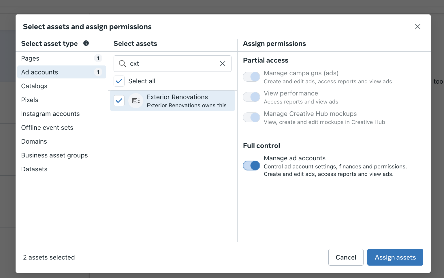 Screenshot of asset selection and permission assignment interface