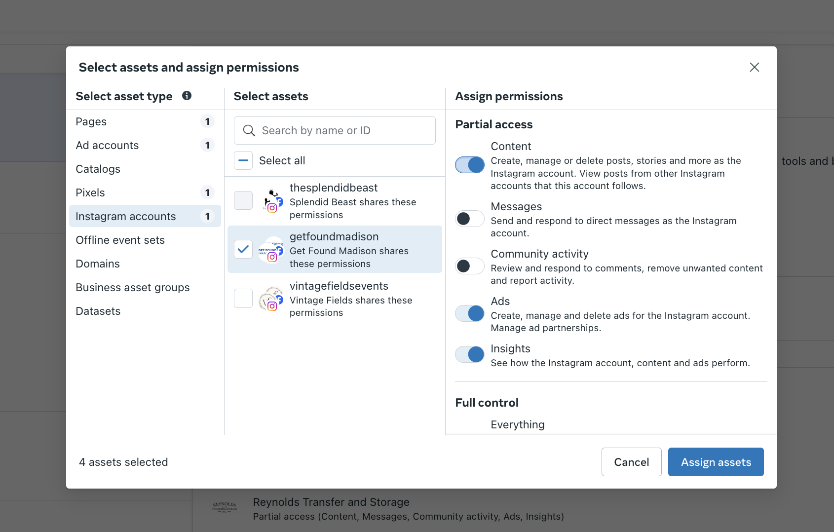 Social media asset selection and permission assignment interface