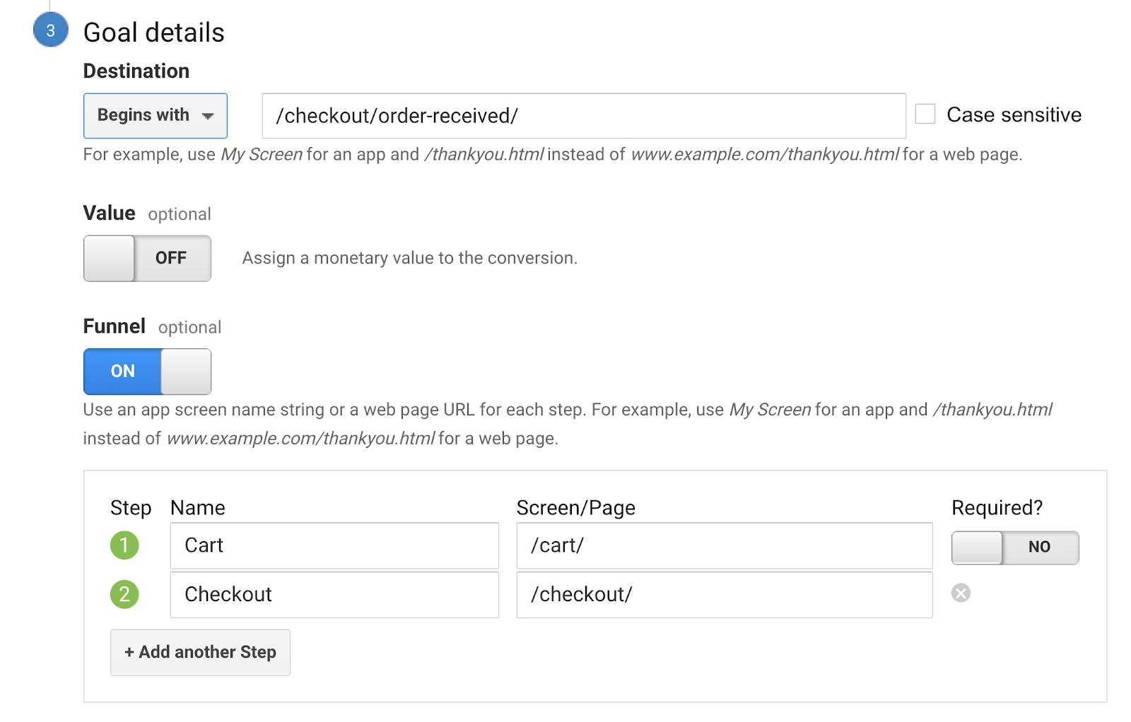 Screenshot showing website goal tracking setup steps.