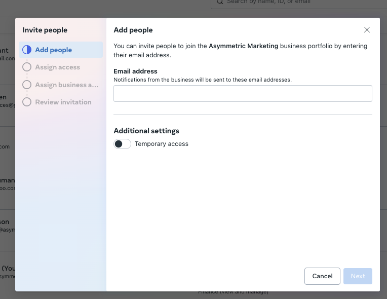 Interface for inviting people to a business portfolio