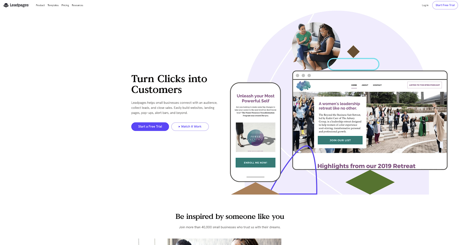Leadpages website interface showcasing business solutions