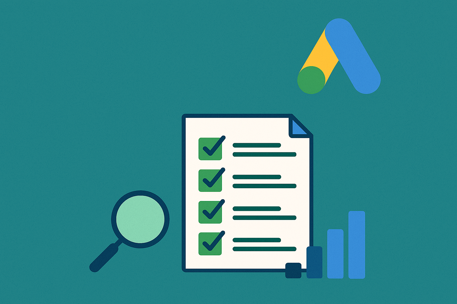 Google Ads Checklist with check marks, magnifying glass, and graphs