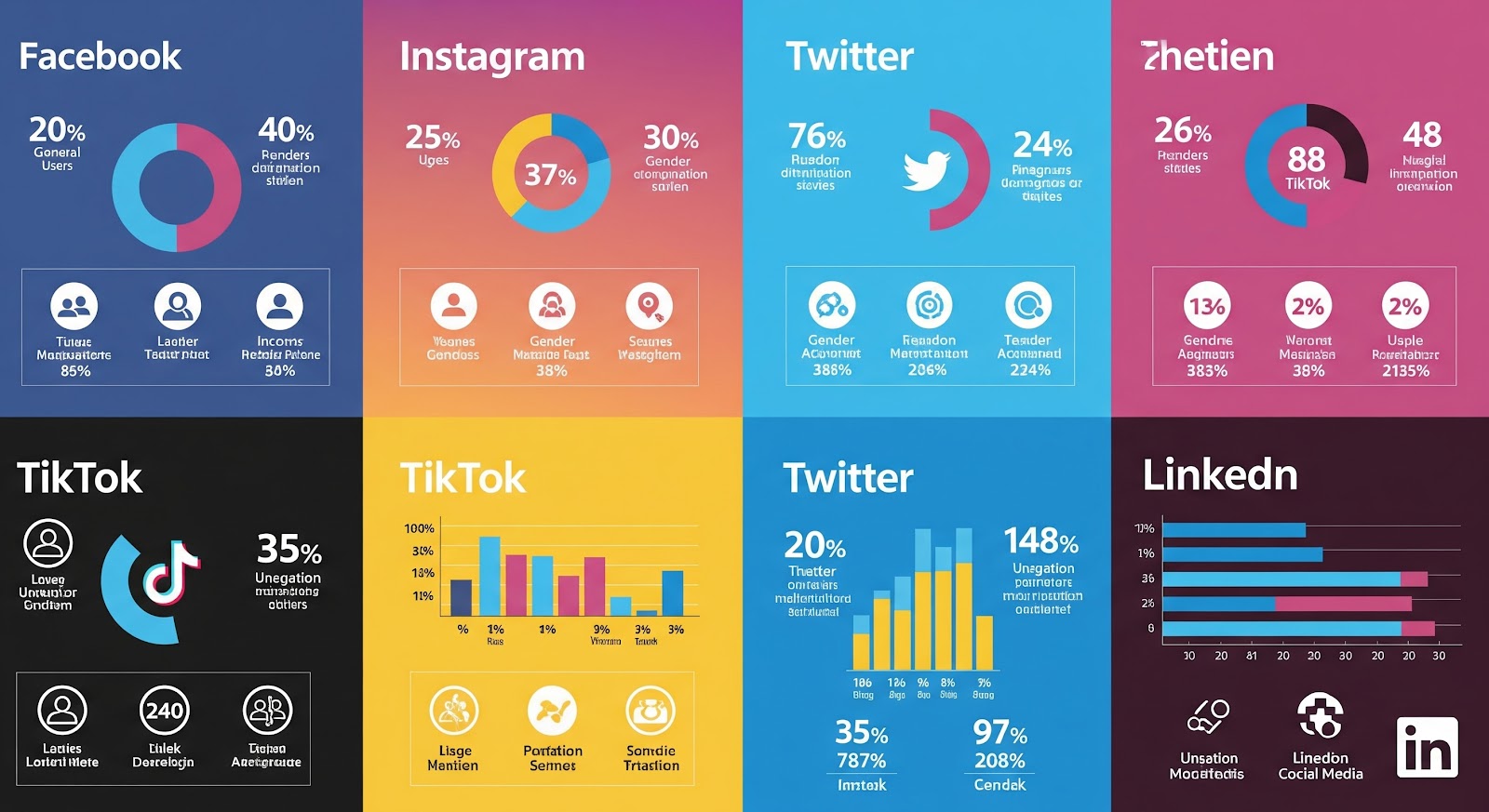 Social media platform statistics and demographics infographic.