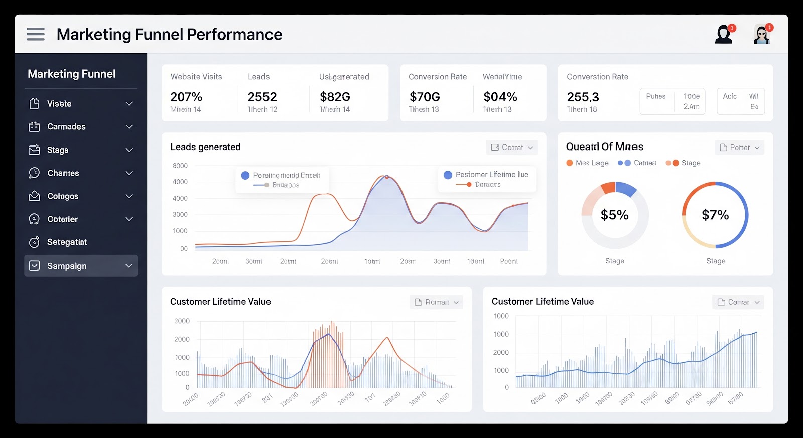 Marketing funnel performance dashboard with graphs and metrics.