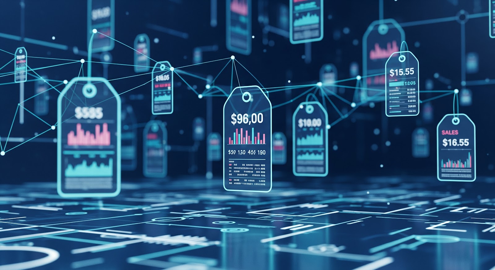 Digital price tags with data and graphs display.