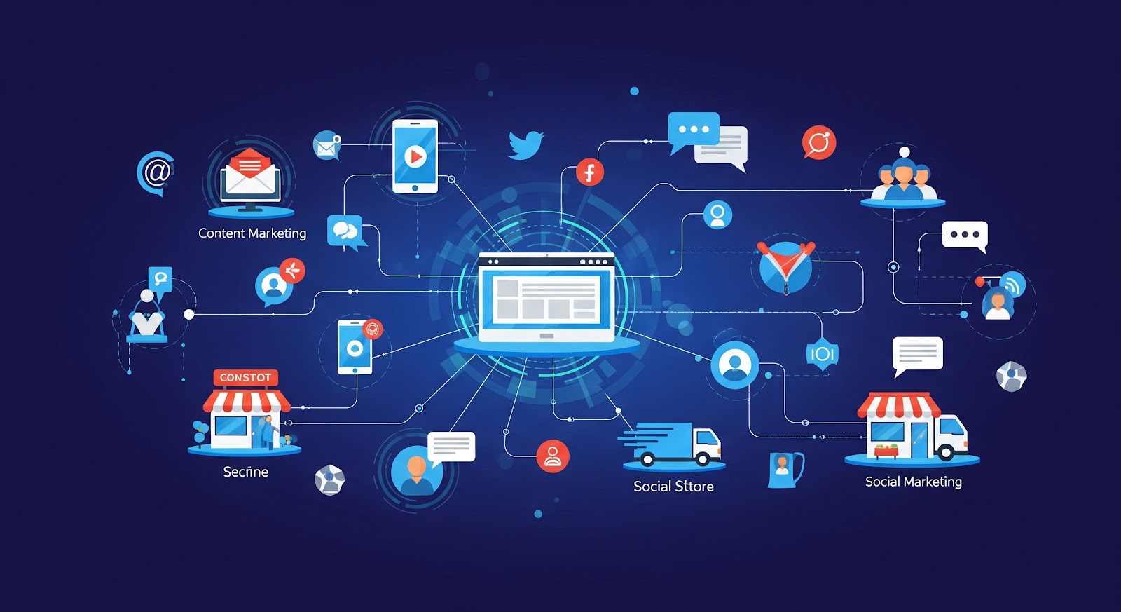 Digital marketing network with various online strategies.