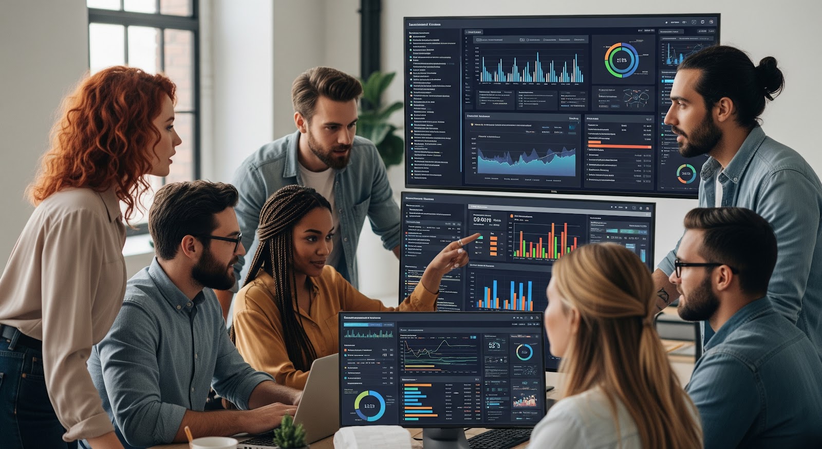 Team discussing data on multiple monitors
