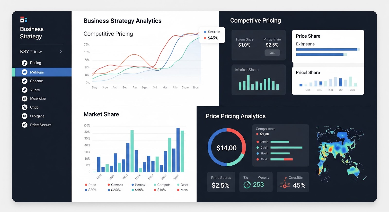 Business strategy analytics dashboard with graphs and charts.