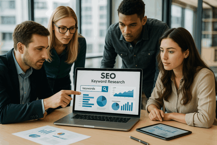 Team analyzing SEO keyword research on laptop
