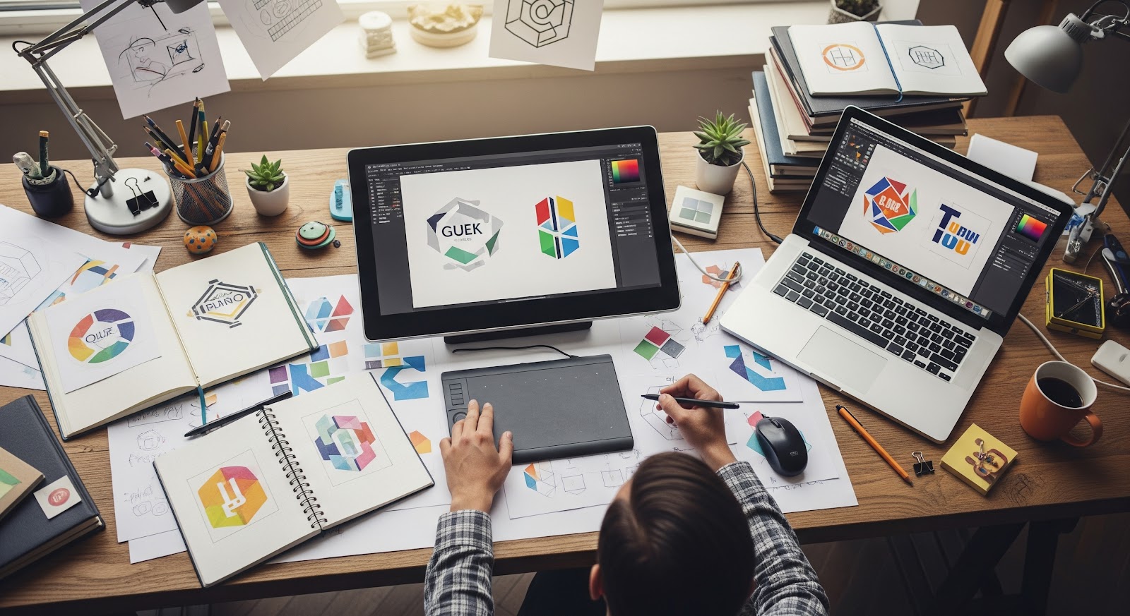 Designer working on logos at cluttered desk.