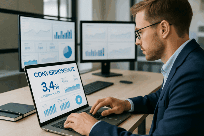 Businessman analyzing conversion rate on computer screens