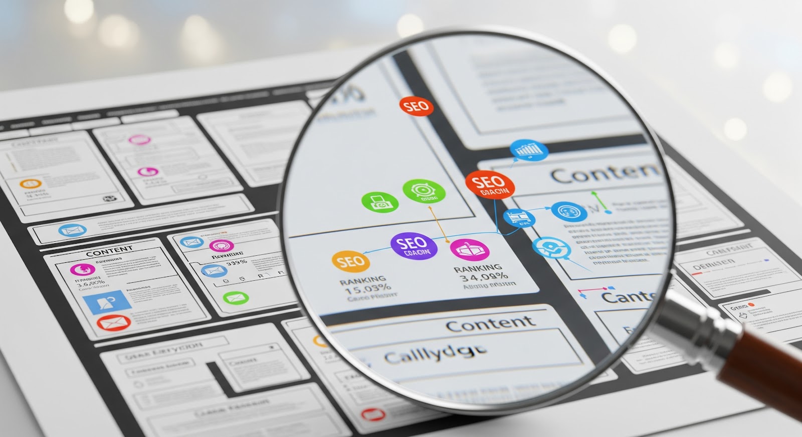 Magnifying glass focusing on SEO elements in layout.