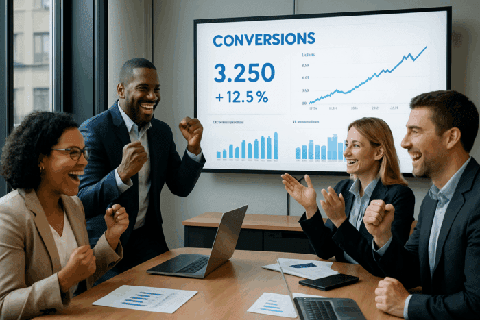 Team celebrating sales growth displayed on a screen
