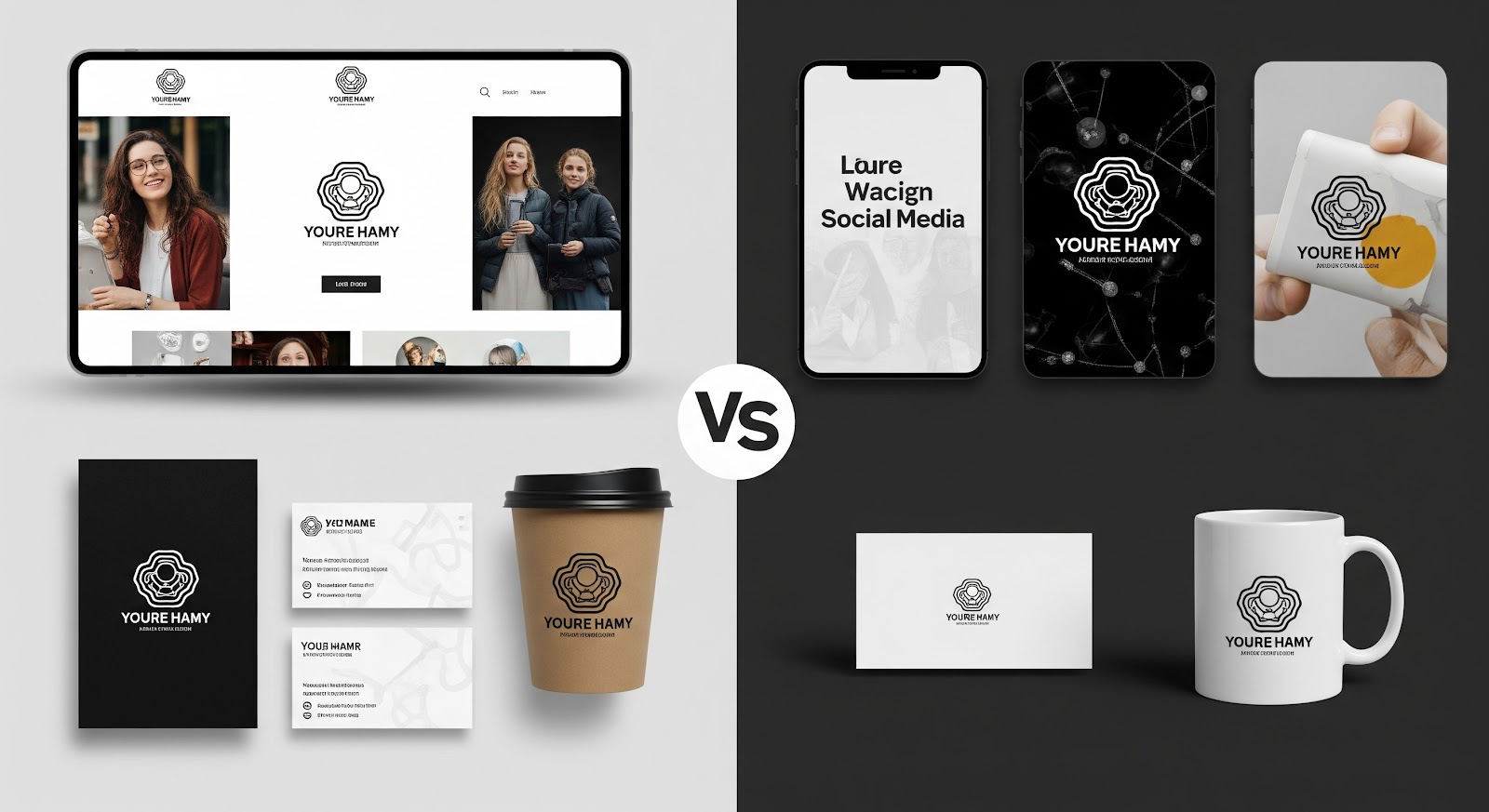 Brand design mockups for web and print media.