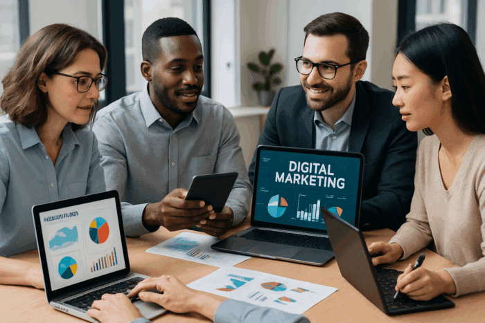 Diverse team analyzing digital marketing data on screens