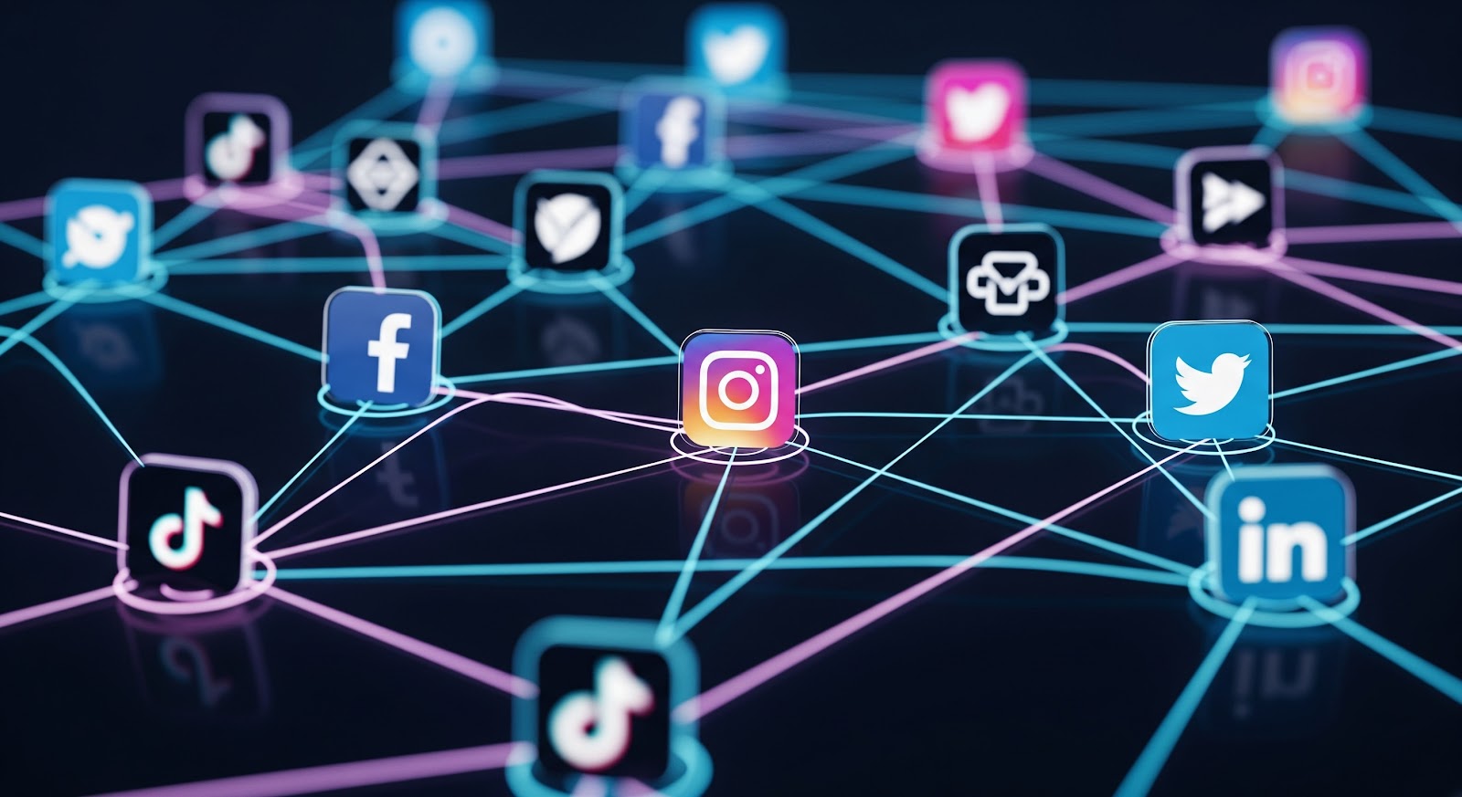 Connected social media logos in digital network