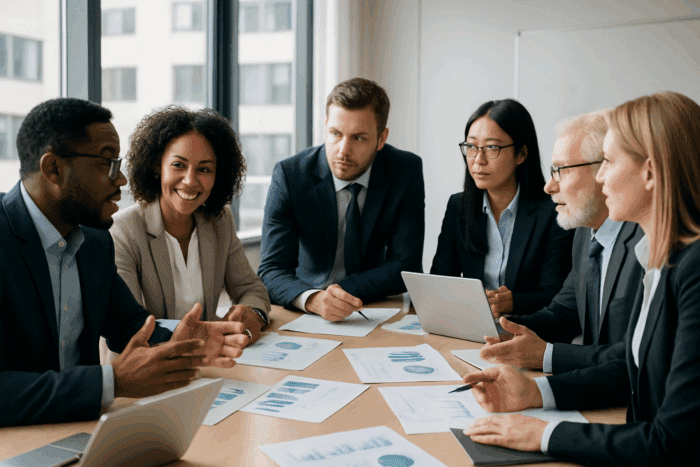 Diverse business team discussing charts in meeting