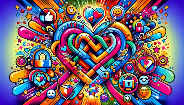 Vibrant abstract art with hearts and colorful symbols
