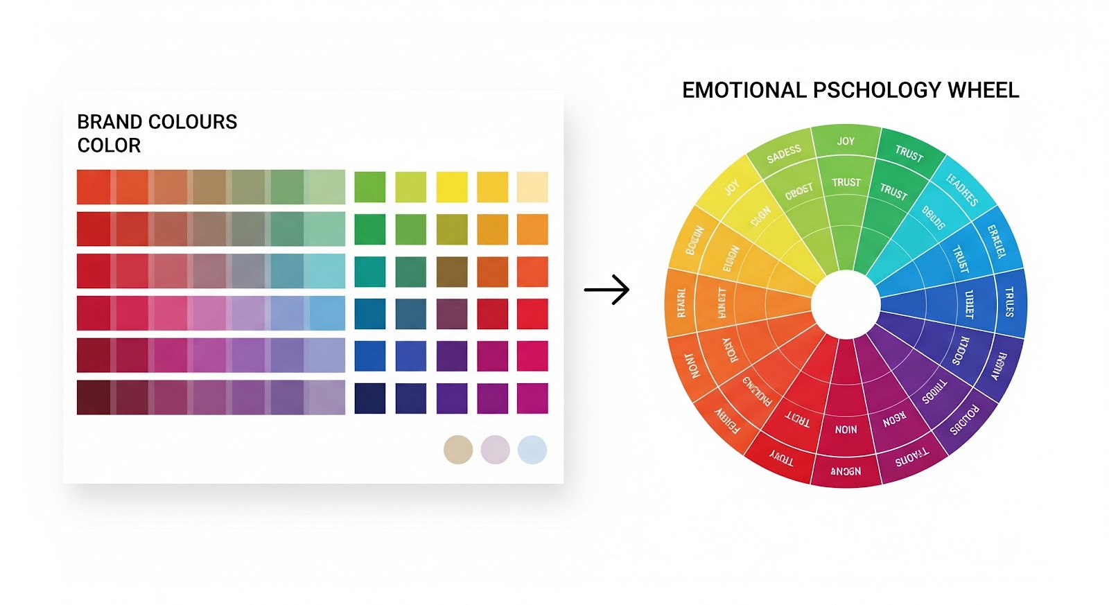Color chart and emotional psychology wheel diagram.