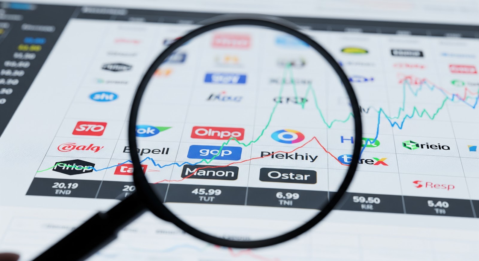 Magnifying glass over stock market logos and graphs.