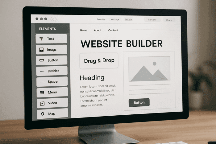 Desktop displaying website builder interface with drag-and-drop options