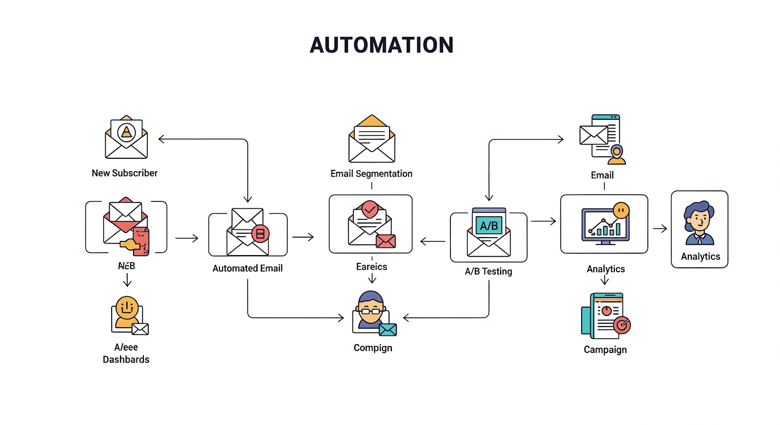 Email marketing automation flowchart with analytics and testing.