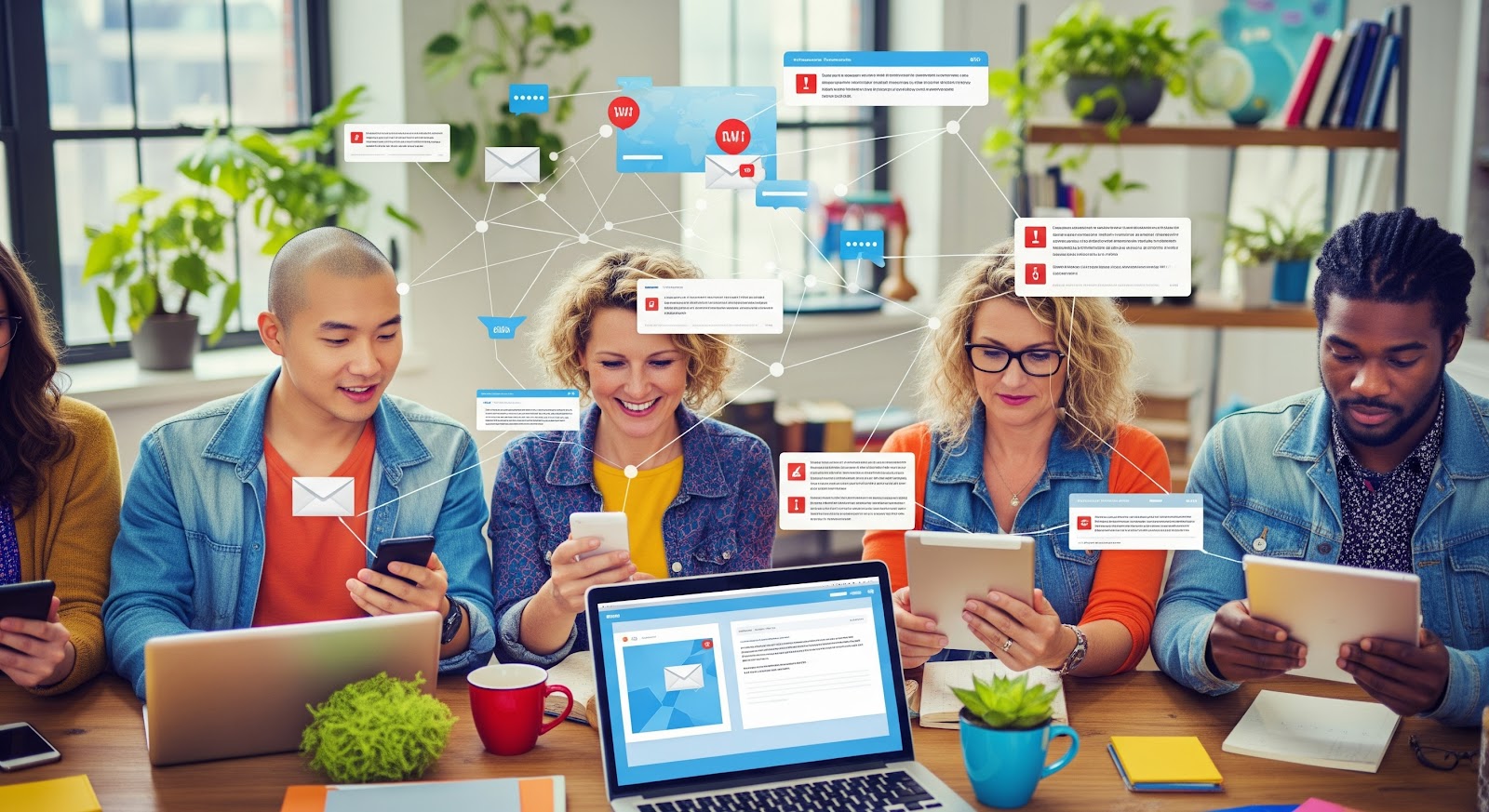 Group using digital devices in connected workspace.