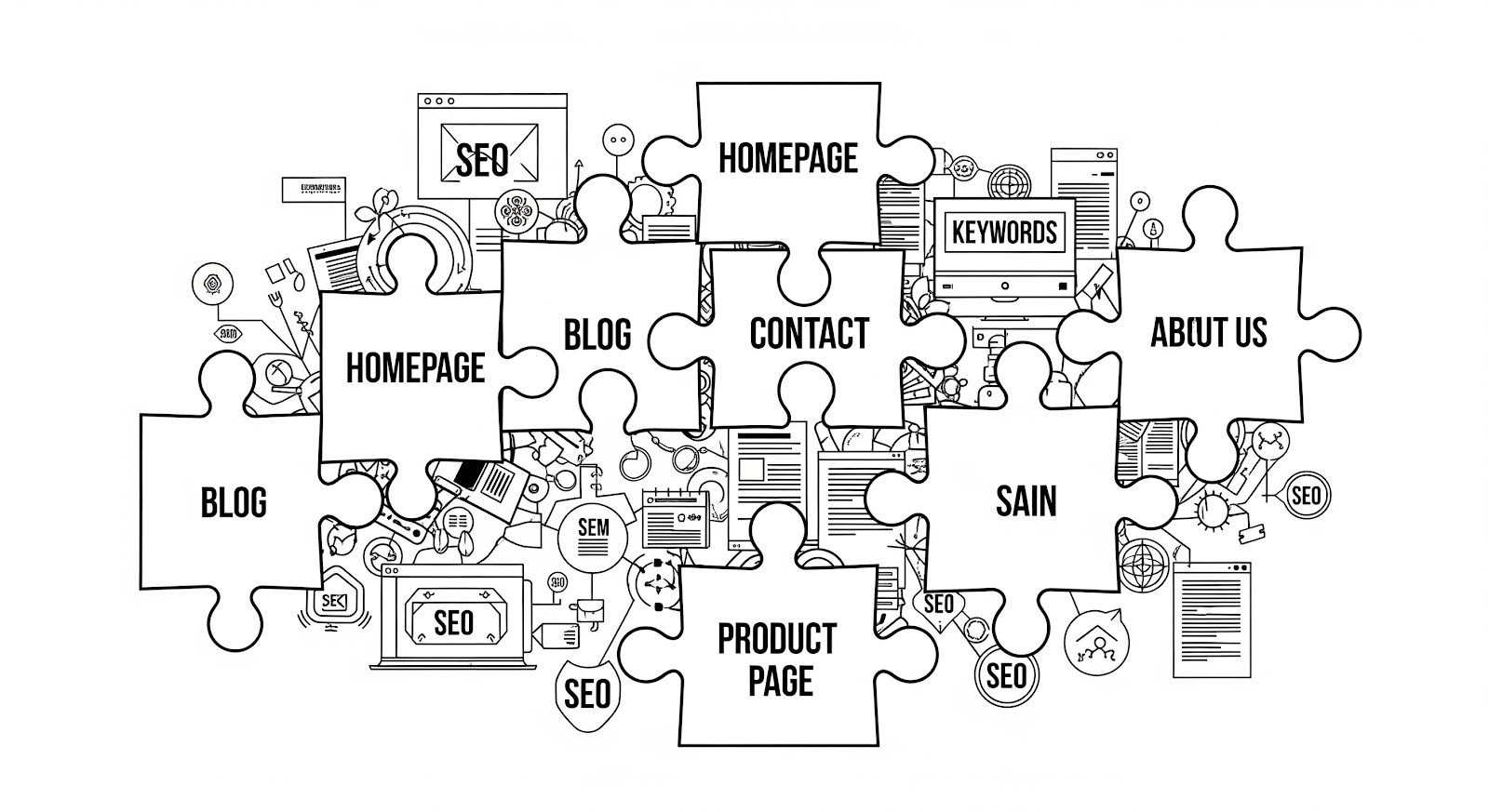Puzzle pieces with SEO, homepage, blog labels.