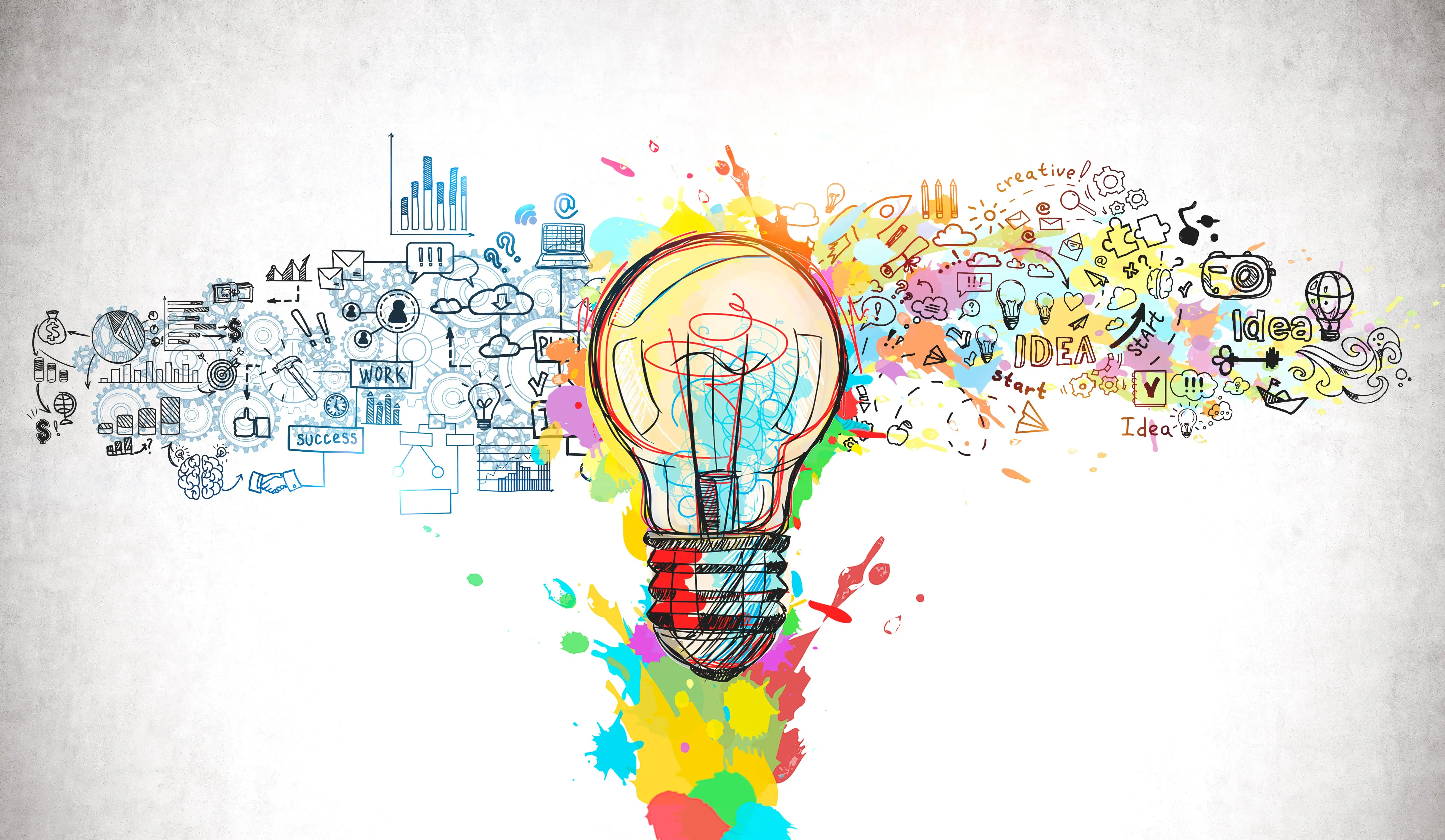 Colorful light bulb with creative and idea doodles