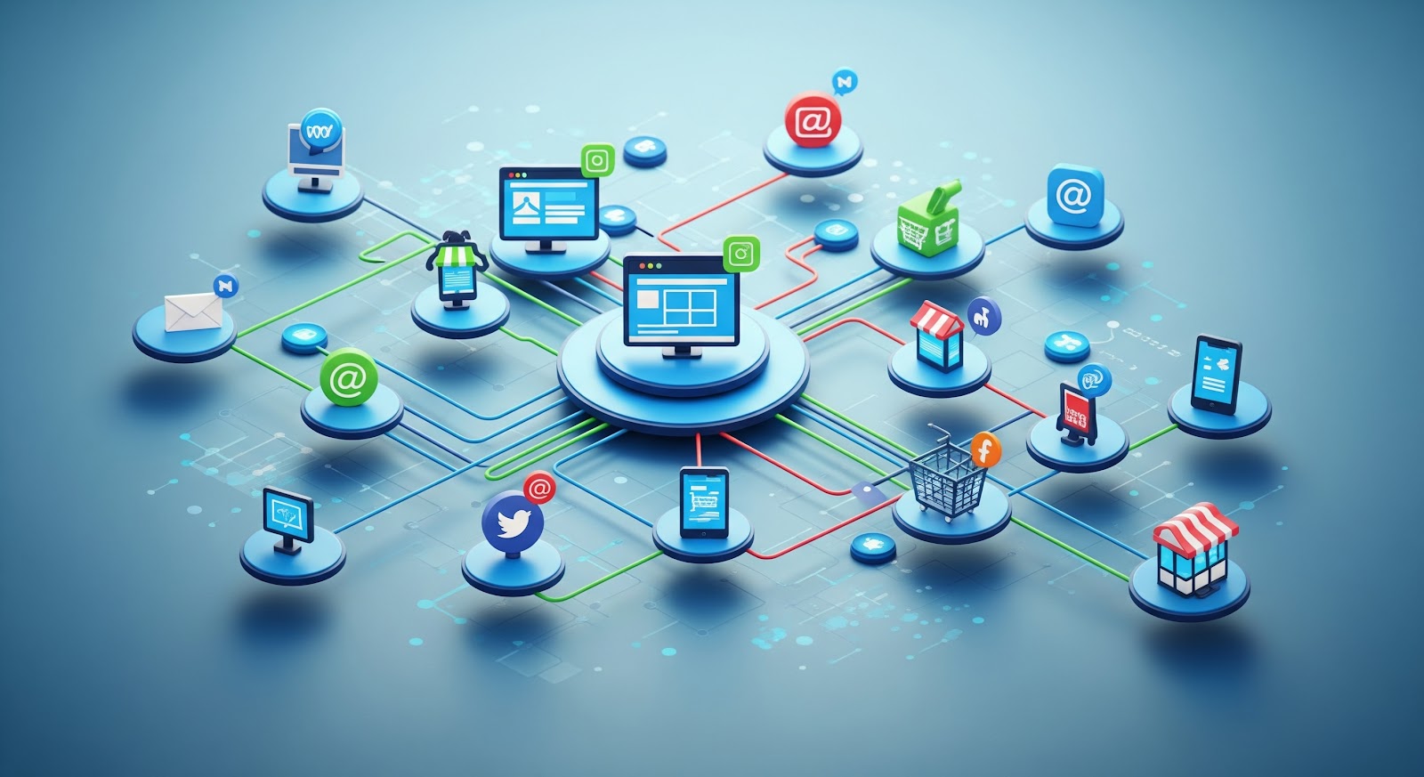 A digital network diagram showing icons for emails, social media, shopping carts, and devices connected to a central computer, representing interconnected customer journey touchpoints in digital communication and e-commerce systems. Digital marketing network illustration