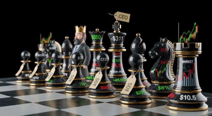Chess pieces with stock market trends graphics.