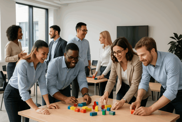 Diverse colleagues engaged in team-building block game