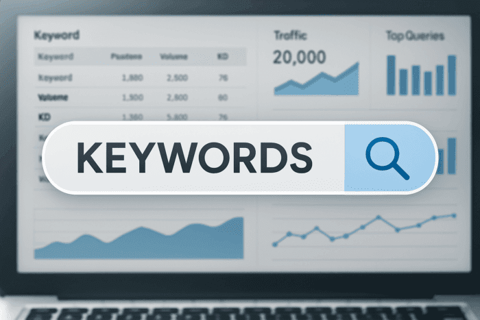 Search bar highlighting 'KEYWORDS' on SEO analytics screen