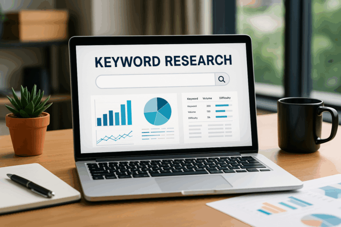 A laptop displaying a Keyword Research screen with graphs, charts, and data analytics from free keyword research tools sits on a desk with a potted plant, notepad, and documents in a well-lit office setting. Laptop displaying keyword research analytics on screen