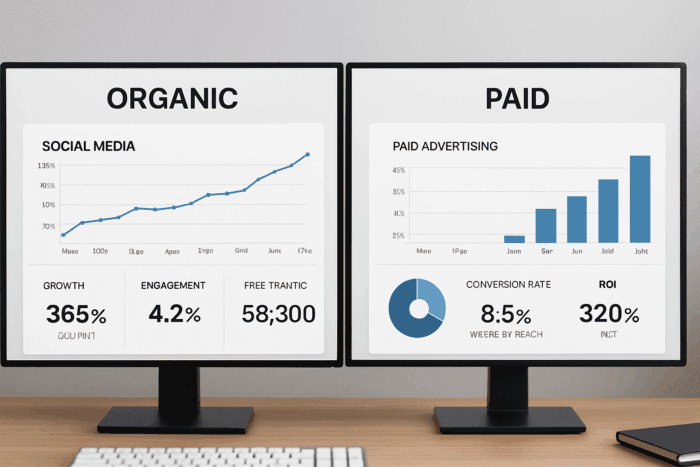 Dual monitors displaying organic versus paid advertising analytics