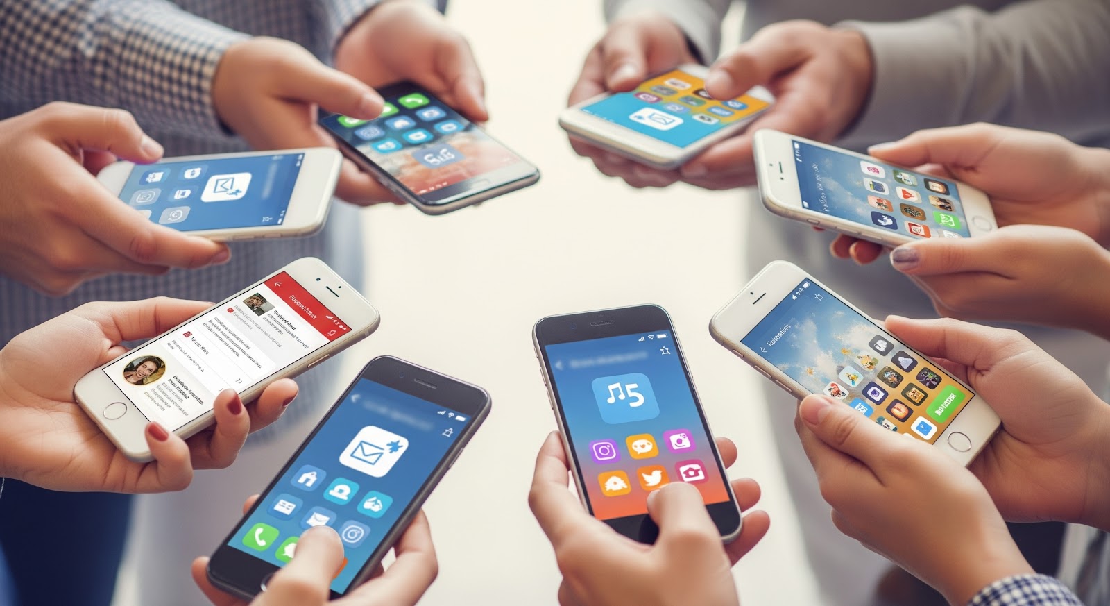 Group sharing smartphones with apps displayed.