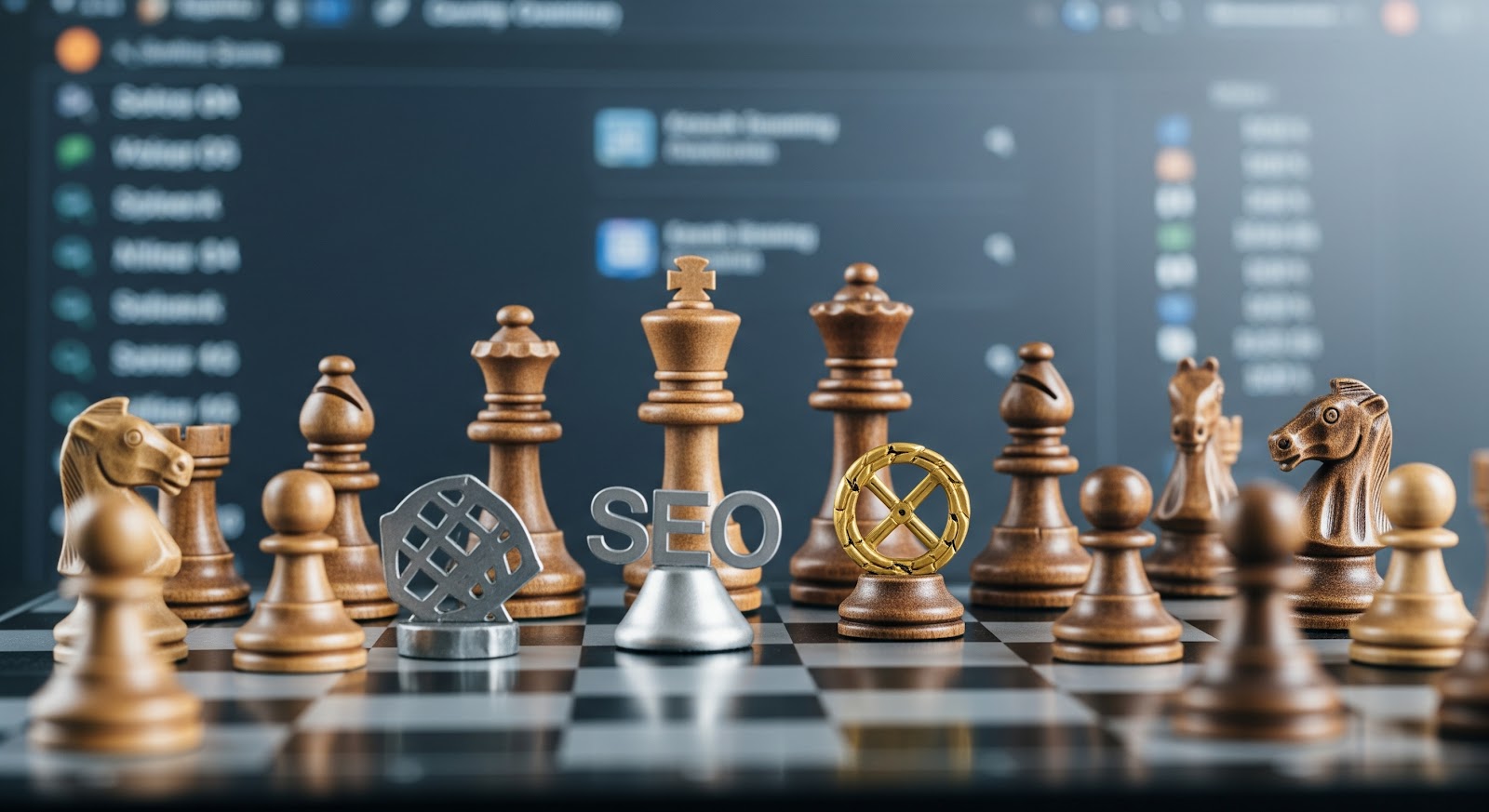 Chess pieces with SEO letters on board