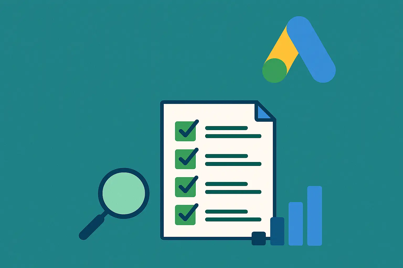 Checklist with statistical graphs and magnifying glass