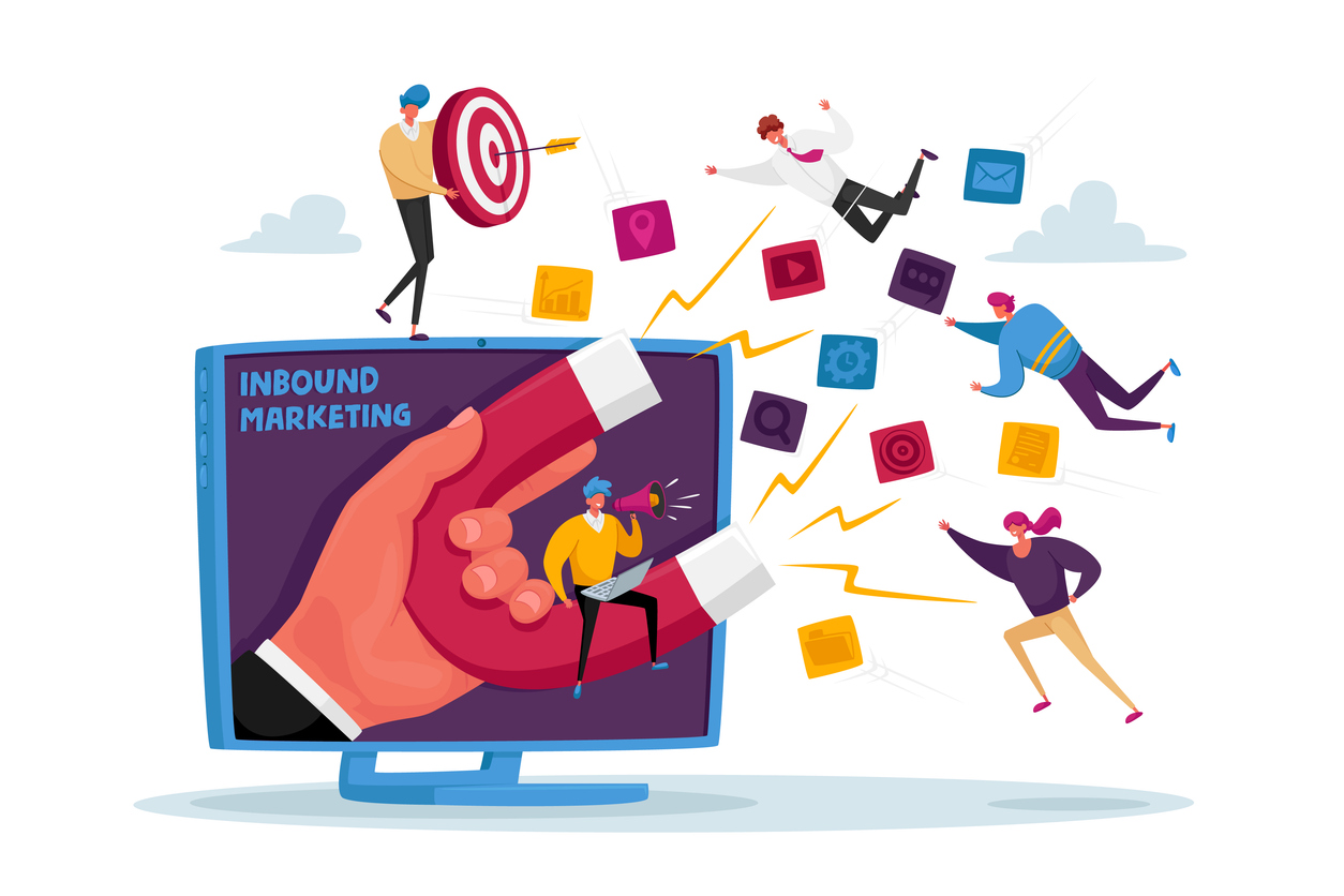 Cartoon of dynamic inbound marketing strategy illustration