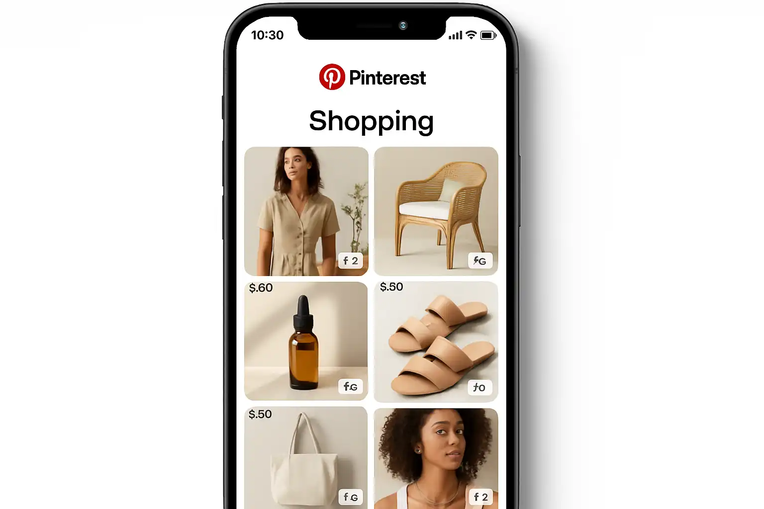 Smartphone displaying Pinterest shopping page with various products.