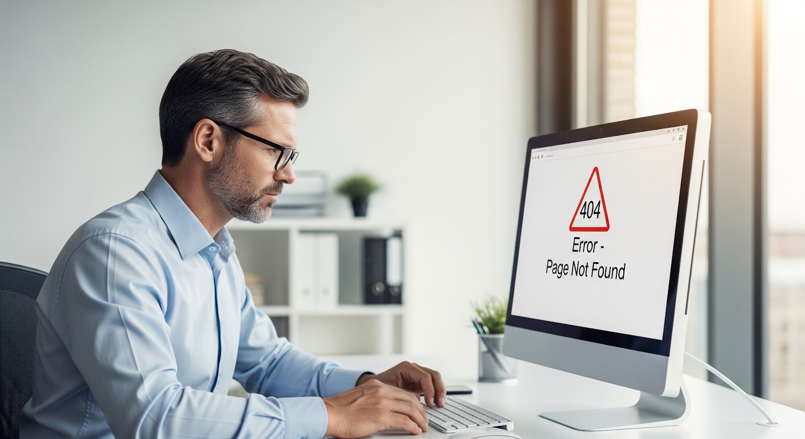 Man viewing 404 error on computer screen