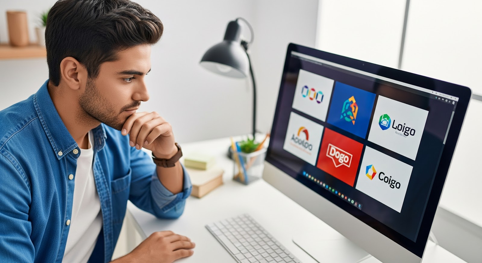 A man sits at a desk, looking thoughtfully at a computer monitor displaying six different logo designs—a modern office scene focused on professional logo creation and brand identity design. Designer reviewing logo options on computer screen.
