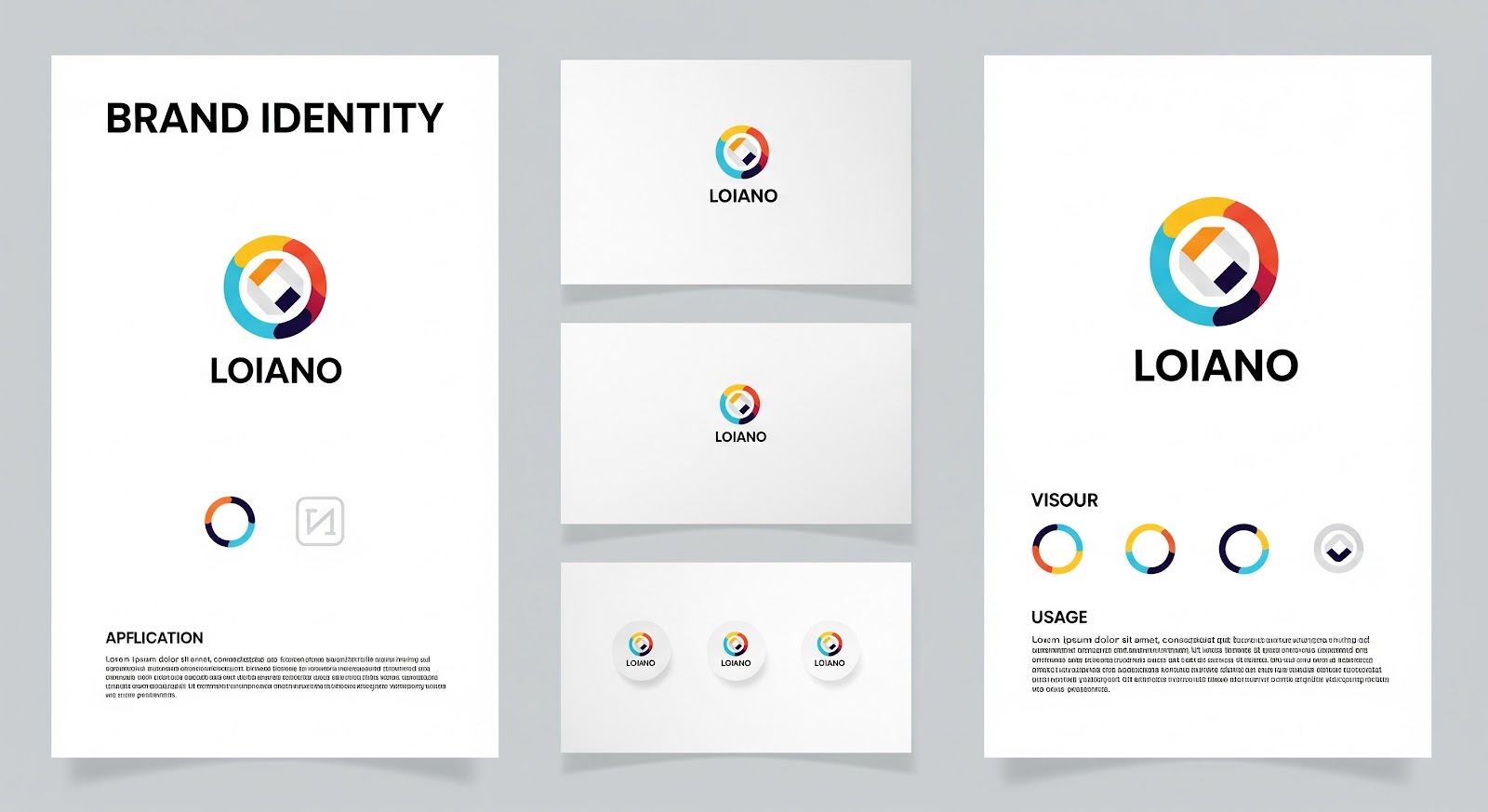Loiano brand identity design with colorful logo examples.