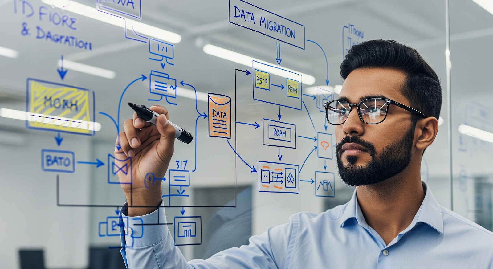 Man drawing data migration diagram on glass board.