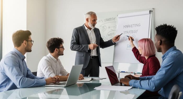 Team discussing marketing strategy in meeting room.