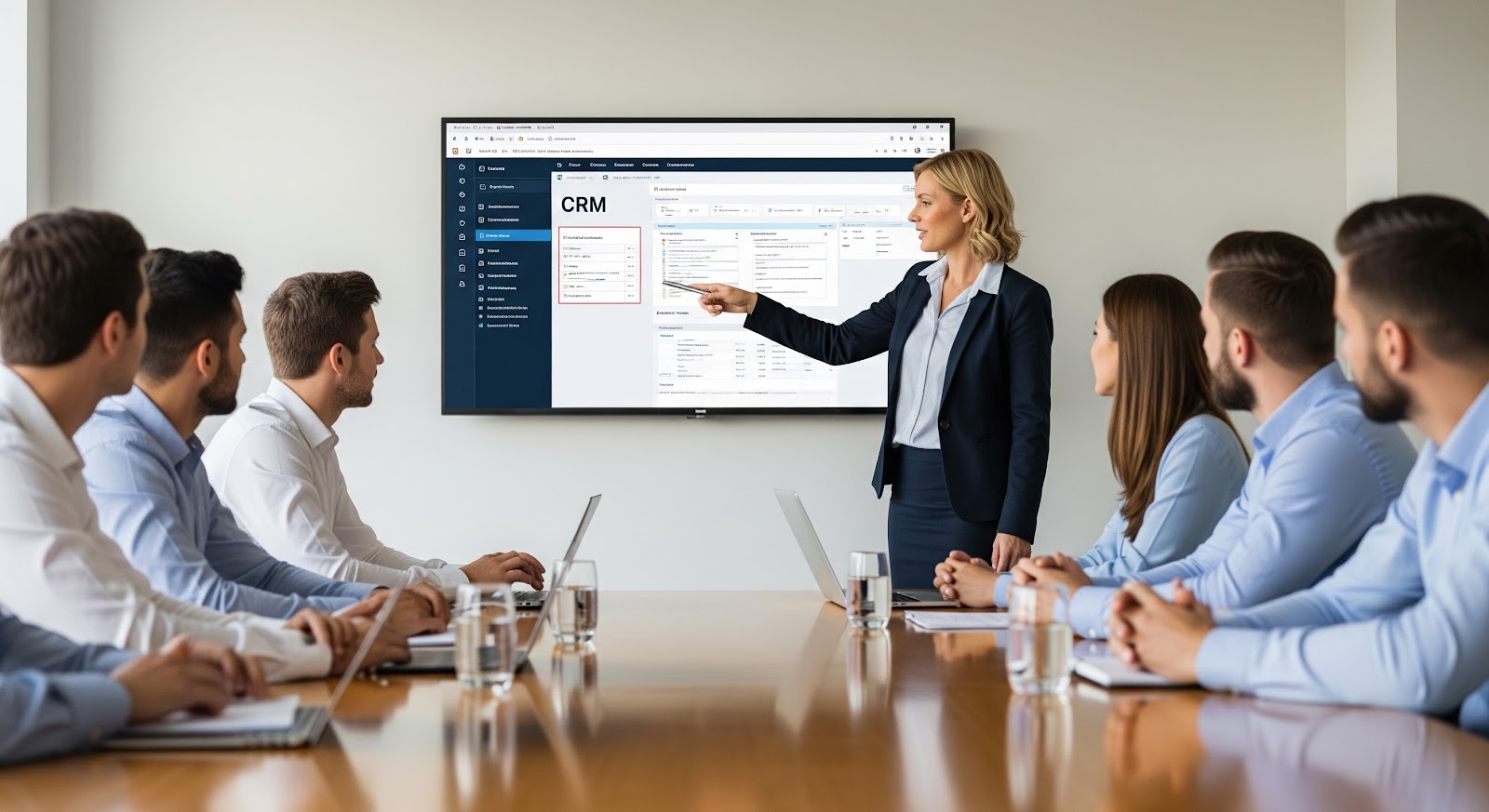 Business presentation on CRM software in conference room.