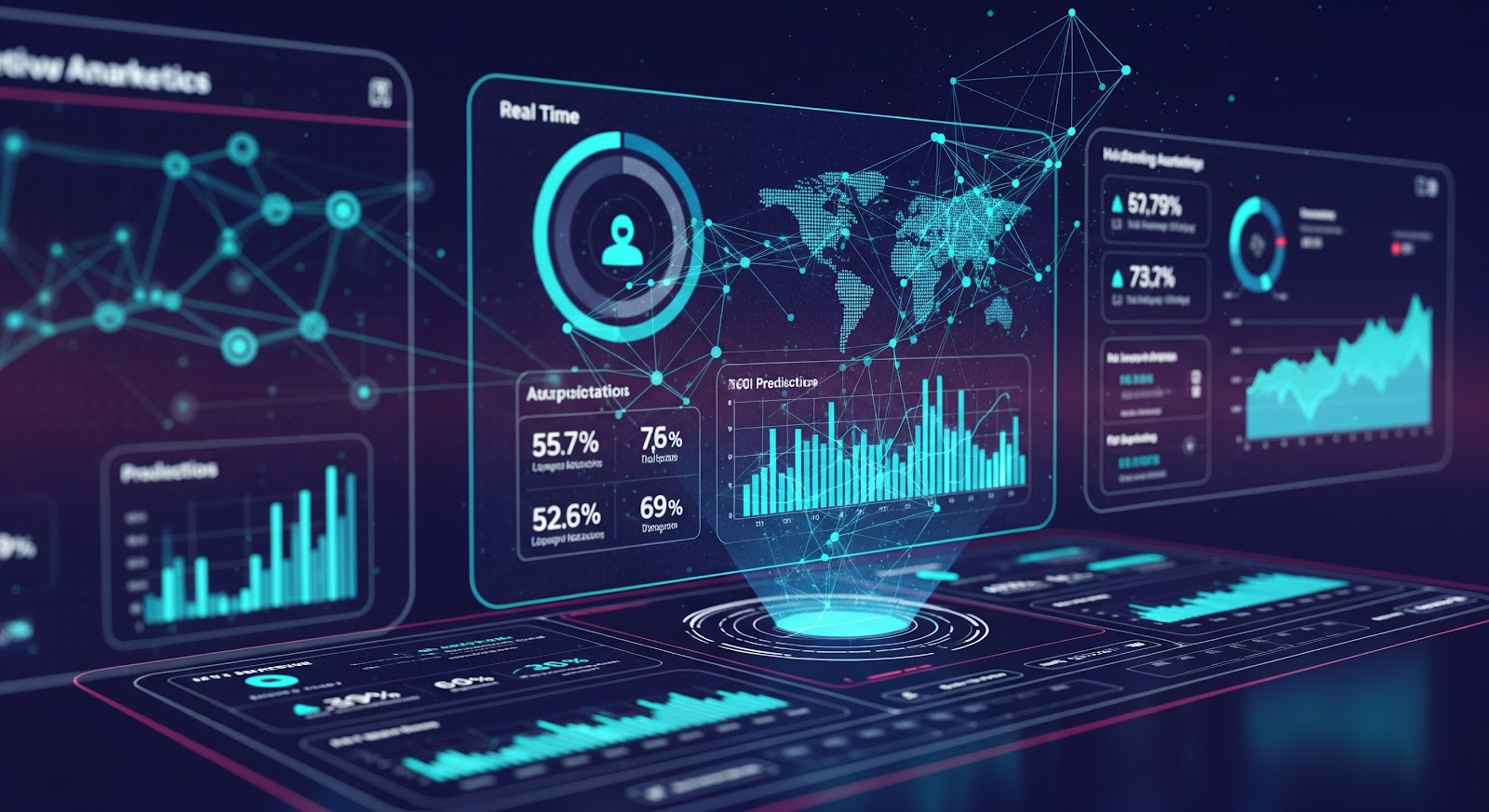 Futuristic digital dashboard with real-time data charts.
