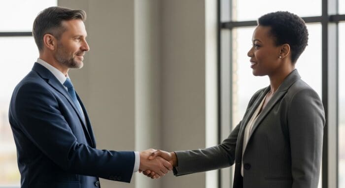 Professionals shaking hands in office setting