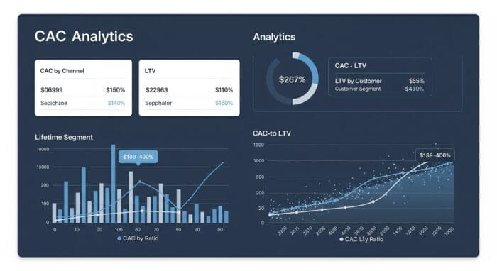 Customer analytics dashboard with graphs and metrics.