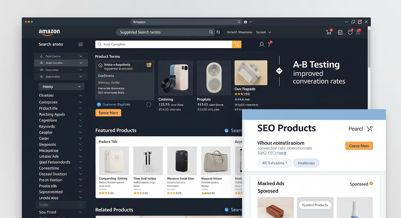 Amazon dashboard interface with SEO and A/B testing